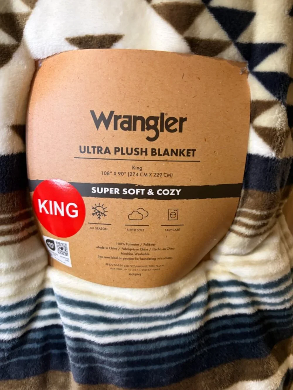 Wrangler King Western Aztec Plush Blanket Blue Brown Cream 108x90 NWT